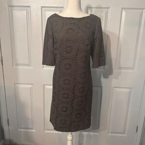 Adrianna Papell Sz 14 Floral Crochet Modest Lace Midi Dress Grey